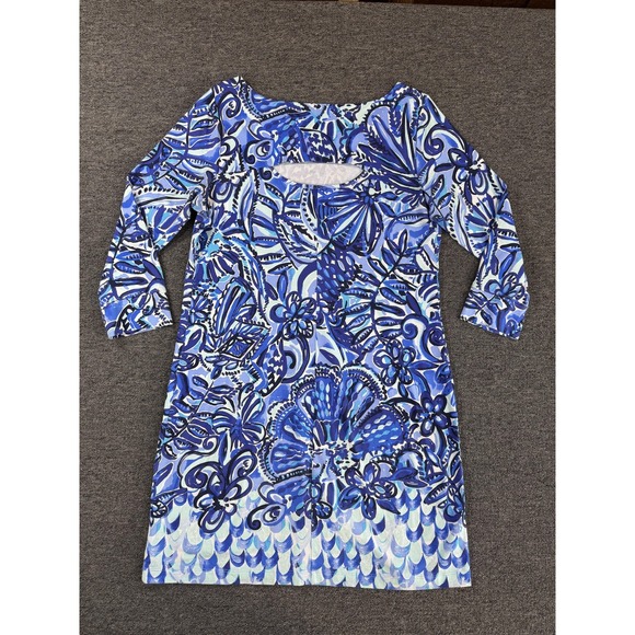 Lilly Pulitzer Dress Womens Large Blue Floral Pima Cotton Holler Zanzibar Zoo - Picture 2 of 9